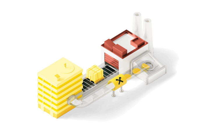 Eine stilisierte isometrische Illustration zeigt eine Fabrikszene mit einem Förderband, das ein gelbes Paket transportiert. Zu sehen sind Industriegebäude, ein Stapel gelber Blöcke und das Paket auf dem Band. Die Farbpalette wird von Gelb-, Weiß- und Rottönen dominiert, wodurch ein moderner und minimalistischer Stil entsteht. Es sind weder Text noch Zahlenwerte sichtbar.