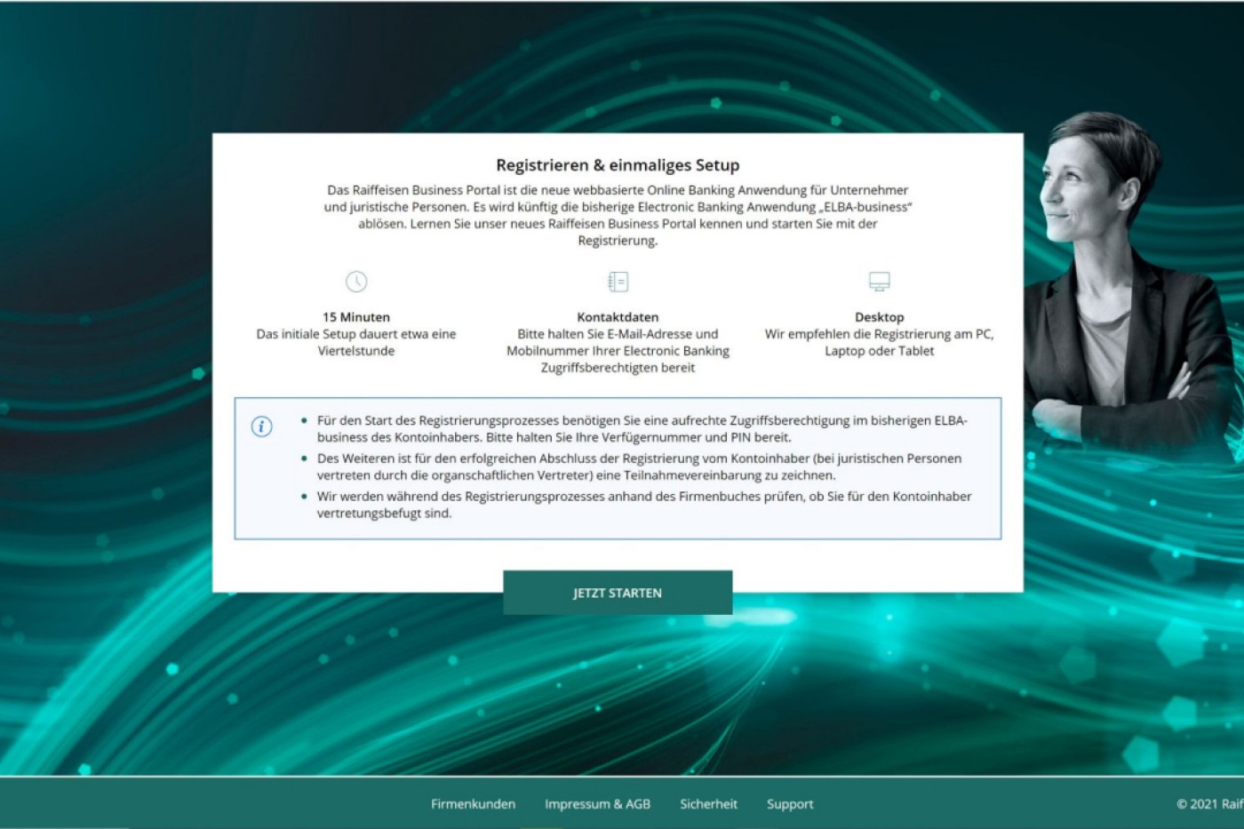 Eine digitale Benutzeroberfläche bietet eine Schritt-für-Schritt-Anleitung zur Registrierung im Online-Banking-Portal. Der Bildschirm hebt wichtige Anweisungen hervor, darunter eine 15-minütige Einrichtungszeit und Geräteempfehlungen für die Nutzung am Desktop. Der Hintergrund mit seinem türkisfarbenen Wellenmuster verleiht der Seite ein modernes und professionelles Aussehen. Detaillierte Anweisungen werden im gut sichtbaren Text bereitgestellt.
