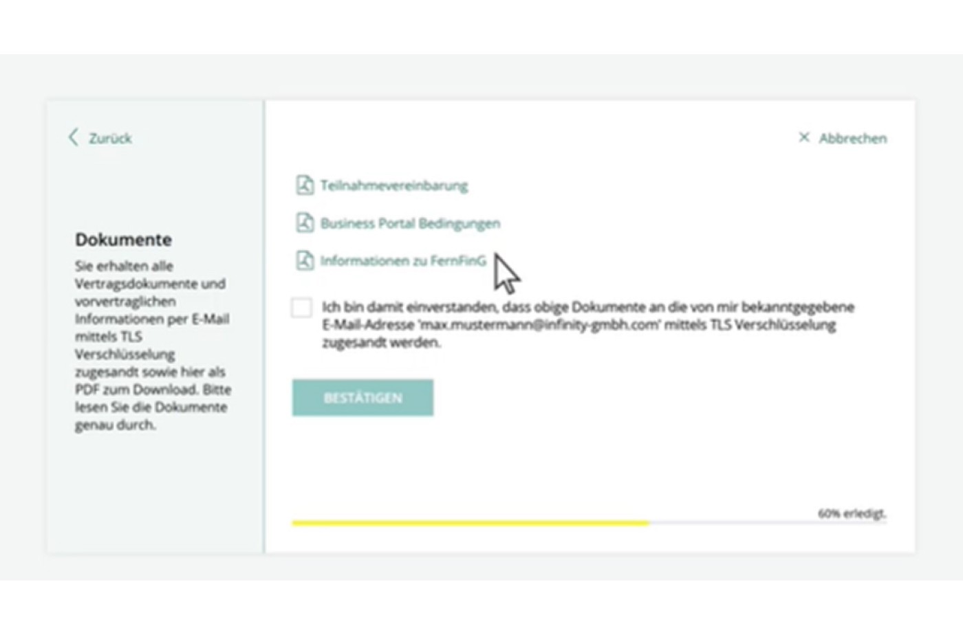 Eine digitale Benutzeroberfläche zeigt die Optionen für die Dokumentenvereinbarung mit Kontrollkästchen an. Auf dem Bildschirm sind Texte wie „Business Portal Bedingungen“ und „Informationen zu Fernmeld“ sichtbar. Ein Fortschrittsbalken am unteren Rand zeigt 60 % Fertigstellung an. Die Benutzeroberfläche ist übersichtlich und minimalistisch gestaltet und auf Benutzerfreundlichkeit ausgelegt.