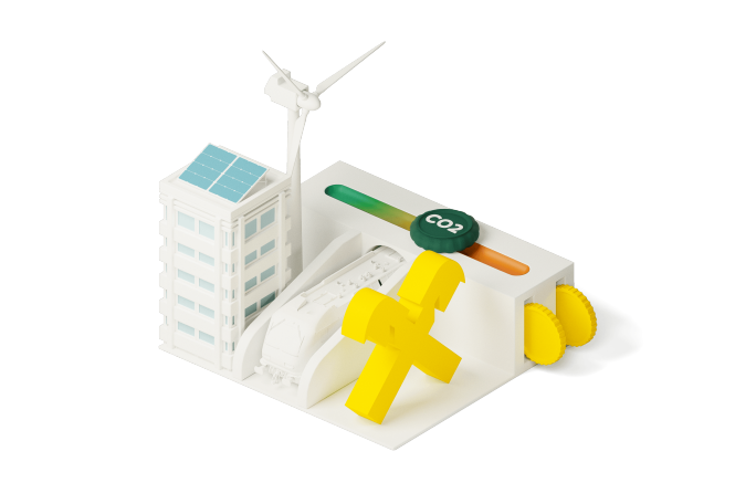 Eine stilisierte Illustration zeigt ein modernes Gebäude mit Solarmodulen, einer Windkraftanlage und einem großen gelben Zahnrad. Ein CO₂-Messgerät mit farbiger Skala ist prominent platziert und unterstreicht die Bedeutung der Umweltüberwachung. Die Szene besticht durch klare, minimalistische Bilder mit Fokus auf erneuerbare Energien und Nachhaltigkeit.
