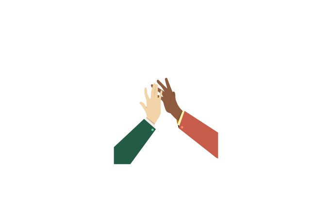 Minimalistische Illustration mit zwei Händen beim High-Five – eine hellhäutig, eine dunkelhäutig. Die Hände sind im Flat-Design mit einfachen Farben dargestellt. Die Arme tragen grüne und rote Ärmel und symbolisieren Vielfalt und Zusammenhalt.