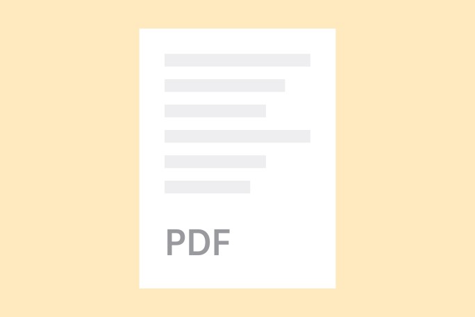 Eine schlichte Illustration eines PDF-Dokument-Symbols auf beigem Hintergrund. Das Design zeigt eine weiße, papierähnliche Form mit Textzeilen und dem prominent platzierten Schriftzug „PDF“. Der Stil ist klar und minimalistisch und eignet sich für digitale und gedruckte Anwendungen.