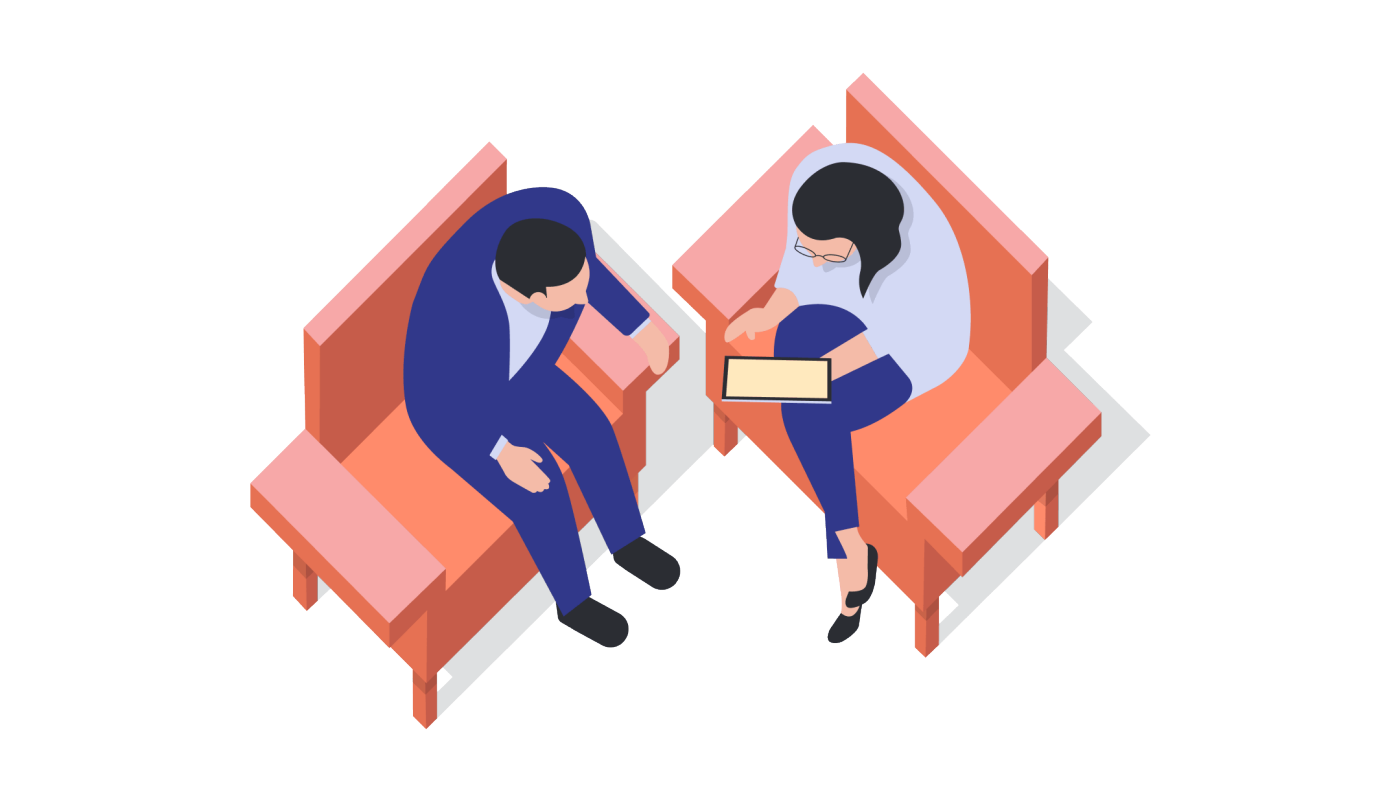 Eine Illustration zeigt zwei Personen, die auf pfirsichfarbenen Sesseln sitzen und sich unterhalten. Eine Person hält ein Tablet in der Hand, während die andere aufmerksam zuhört. Die Szenerie vermittelt den Eindruck einer Zusammenarbeit oder eines geschäftlichen Umfelds und besticht durch einen modernen, minimalistischen Stil. Es sind keine Texte oder Zahlen zu sehen.